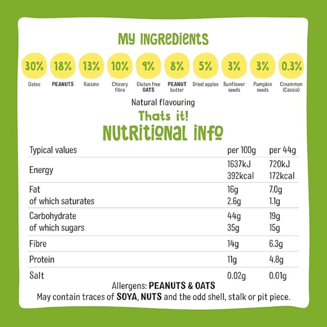 Nutritional information label with ingredients and allergen information on a green background