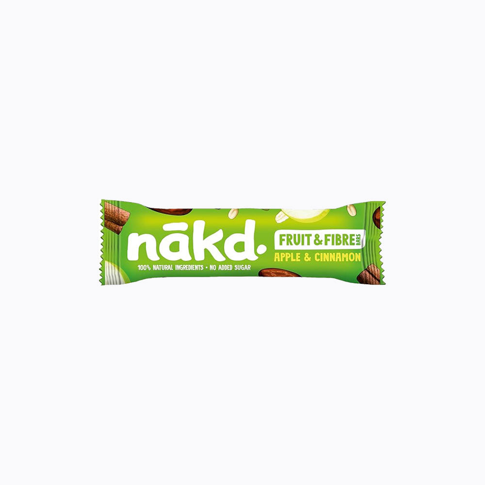 Nakd Fruit & Fibre Apple & Cinnamon bar packaging on a white background