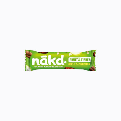 Nakd Fruit & Fibre Apple & Cinnamon bar packaging on a white background