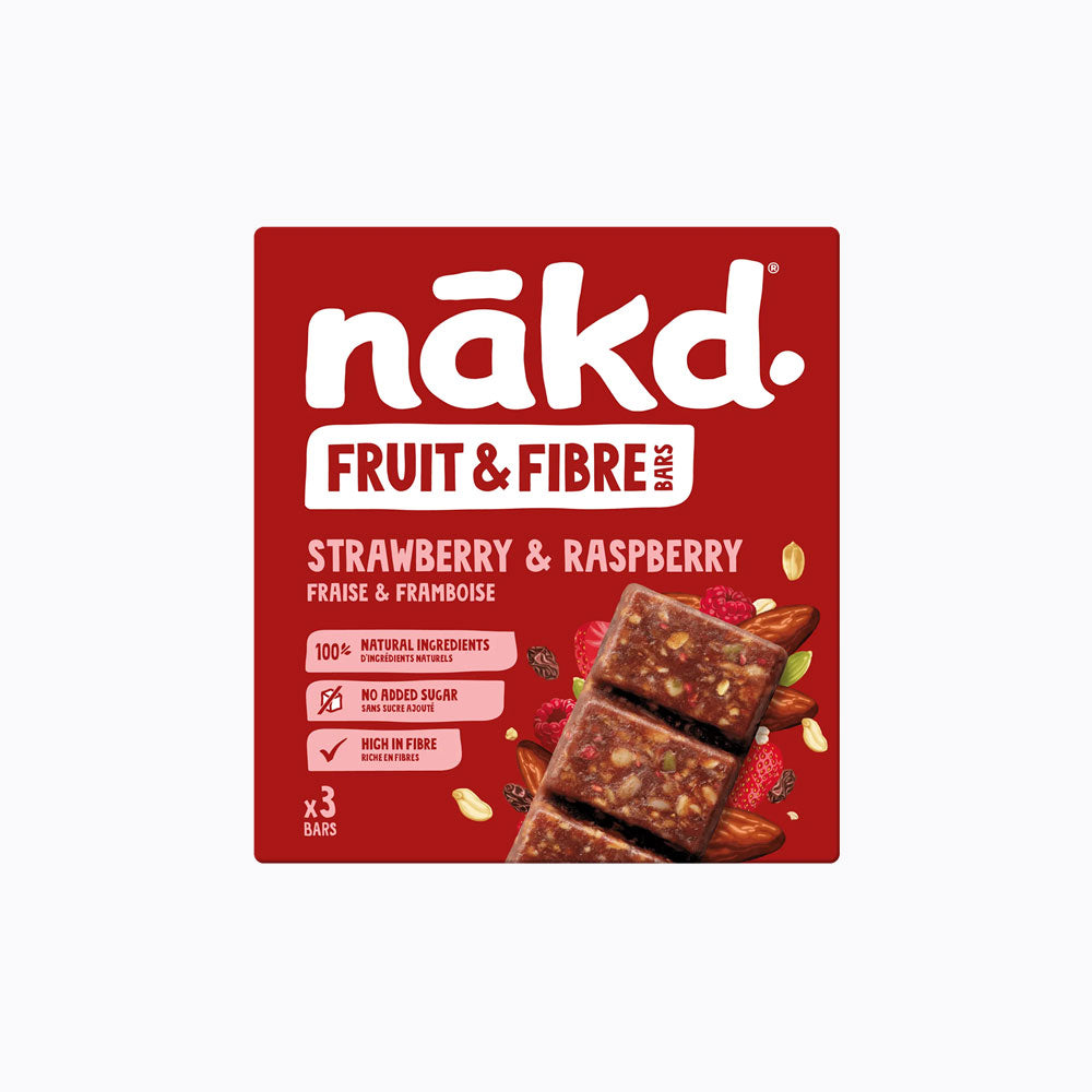 Pack of nakd Strawberry & Raspberry Fruit & Fibre bars on a white background
