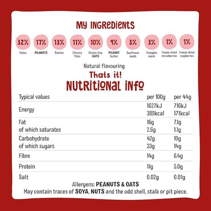 Nutritional information label with ingredients and allergen warning on a red background