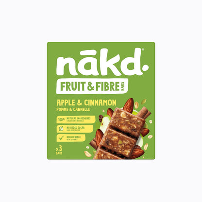 Nakd Fruit & Fibre Bars packaging with apple and cinnamon flavor on a green background