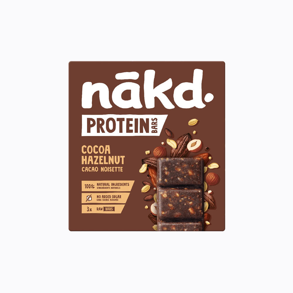 Nakd Protein Bars packaging with cocoa hazelnut flavor on a white background
