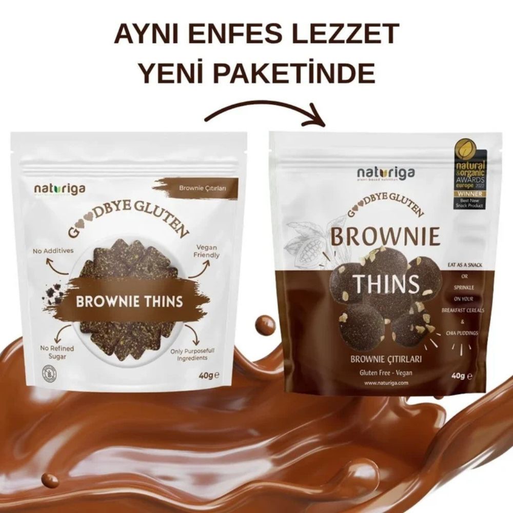 Two Naturiga Brownie Thins pouches shown side by side on a white background with a brown chocolate splash at the bottom and Turkish promotional text above. The left pouch is white with brown text and a brownie image; the right pouch is mostly brown with white text and a gold certification seal.
