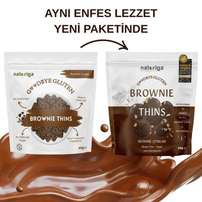 Two Naturiga Brownie Thins pouches shown side by side on a white background with a brown chocolate splash at the bottom and Turkish promotional text above. The left pouch is white with brown text and a brownie image; the right pouch is mostly brown with white text and a gold certification seal.