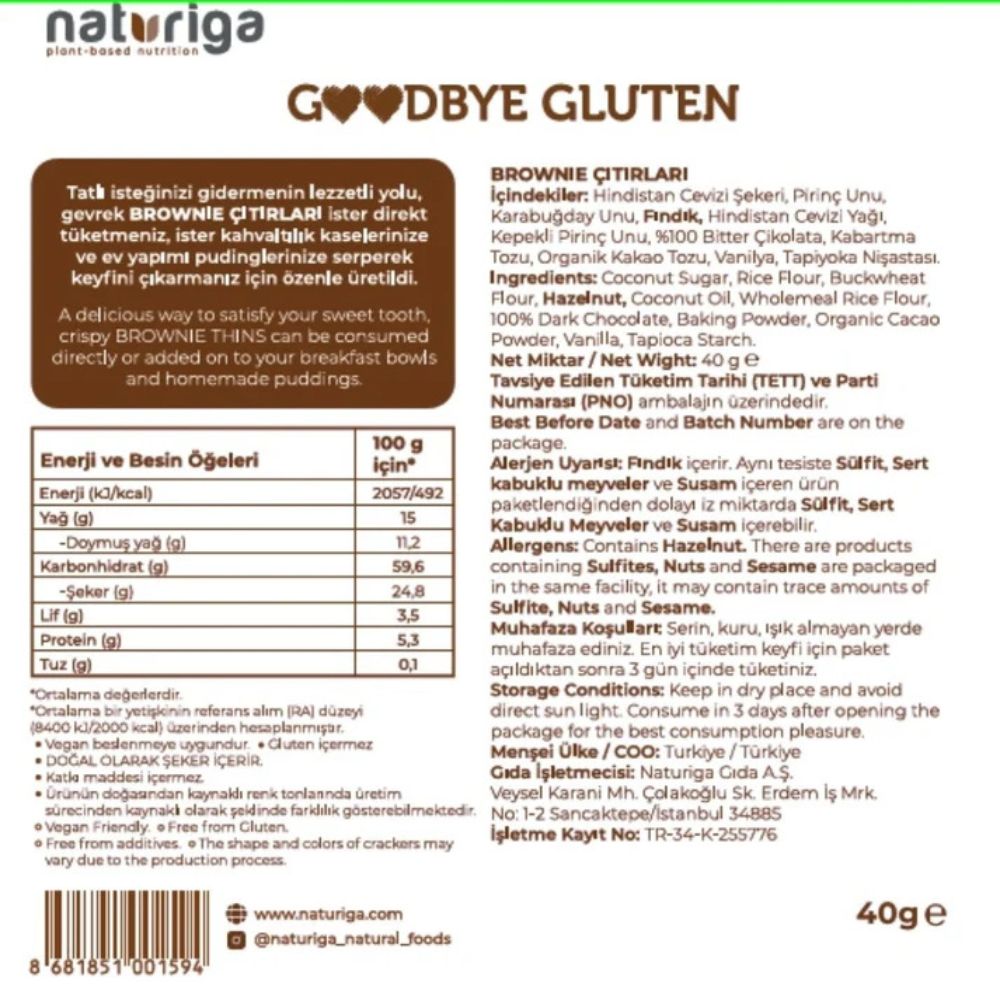The back of a Naturiga Brownie Qılıri (Gluten-Free Brownies) package, showing nutritional information, ingredients, and barcode details in Turkish.