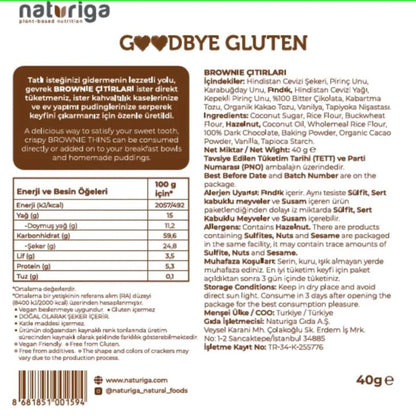 The back of a Naturiga Brownie Qılıri (Gluten-Free Brownies) package, showing nutritional information, ingredients, and barcode details in Turkish.
