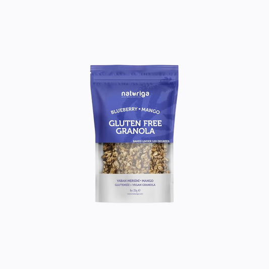 A 30g stand-up pouch of Naturiga Gluten Free Keto Granola, featuring a cream-colored top half, brown text, and a clear window showing the granola inside, set against a plain white background.