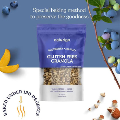 A package of Naturiga Blueberry + Mango Gluten Free Granola, styled with blueberries, mango slices, and almonds on a split blue and white background with promotional text.
