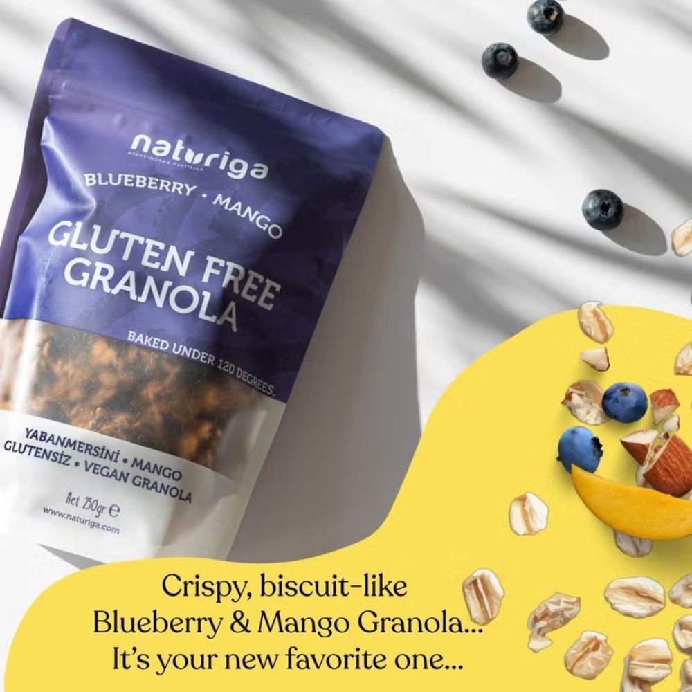 A bag of Naturiga Gluten Free Granola in Blueberry & Mango flavor, styled on a white background with diagonal shadows, scattered blueberries, oats, almonds, and a yellow graphic circle containing descriptive text.
