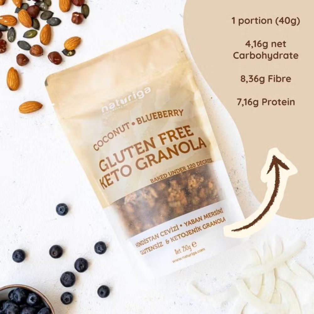 A stand-up pouch of Naturiga Gluten Free Keto Granola, Coconut + Blueberry flavor, displayed on a light textured background with scattered almonds, blueberries, and seeds. Nutritional facts text and an arrow are overlaid on the right side.