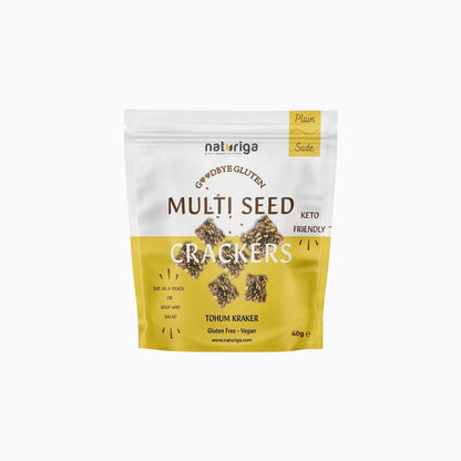 A 30g stand-up pouch of Naturiga Gluten Free Keto Granola, featuring a cream-colored top half, brown text, and a clear window showing the granola inside, set against a plain white background.