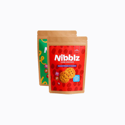 Two Nibblz sweet potato cracker packages on a white background