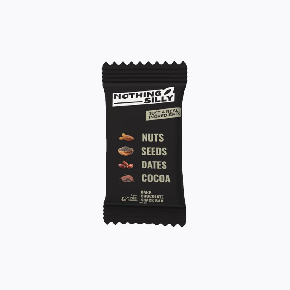Black snack bar package with 'Nothing Silly' branding on a white background