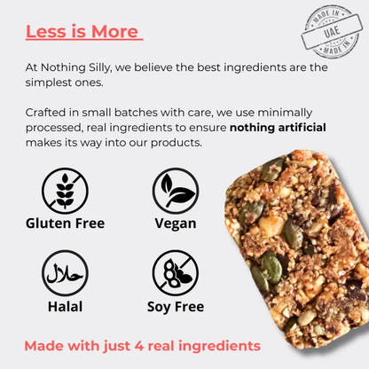 Nutritional bar with health benefits and branding on a white background