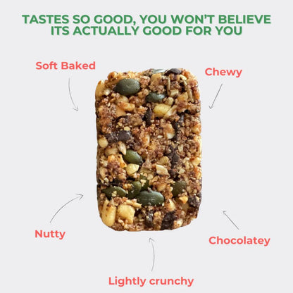 Nutritious bar with text describing its qualities on a white background