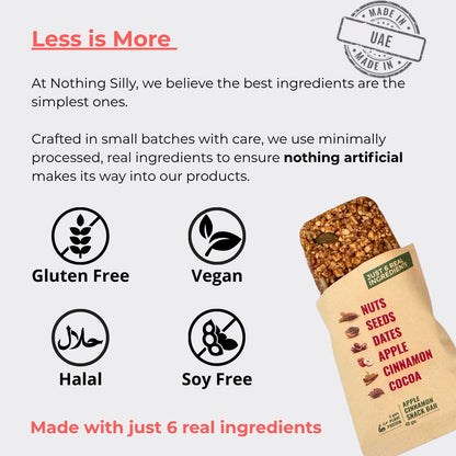 Nuts & Real Ingredients bar with branding and product details on a white background