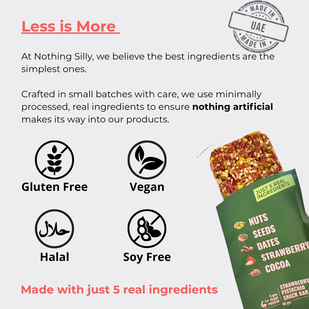 Strawberry and chocolate snack bar with branding and certification icons on a white background