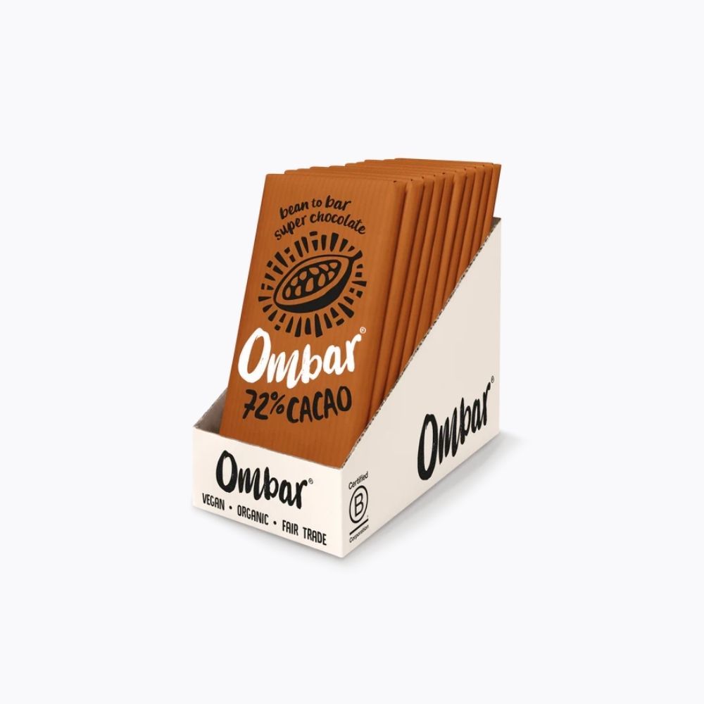 Ombar chocolate bars in a display box on a white background