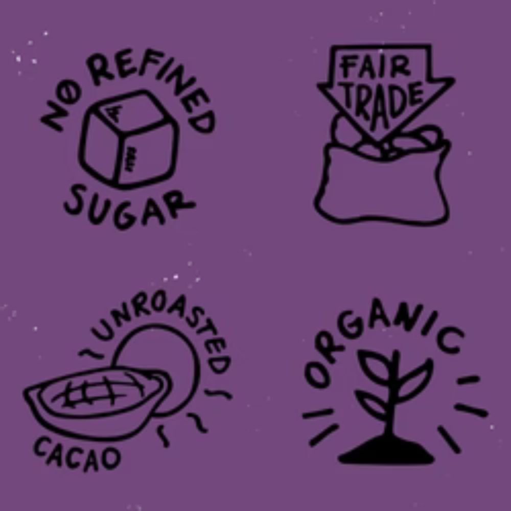 Illustrations of 'No Refined Sugar', 'Fair Trade', 'Unroasted Cacao', and 'Organic' on a purple background.