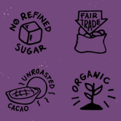 Illustrations of 'No Refined Sugar', 'Fair Trade', 'Unroasted Cacao', and 'Organic' on a purple background.