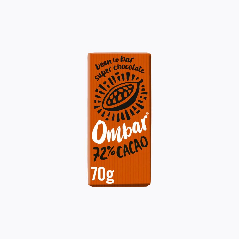 Orange chocolate bar packaging with 'Ombar' branding and 72% Cacao information on a white background