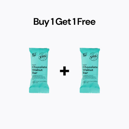 Two teal chocolate walnut bars with 'Buy 1 Get 1 Free' text on a white background