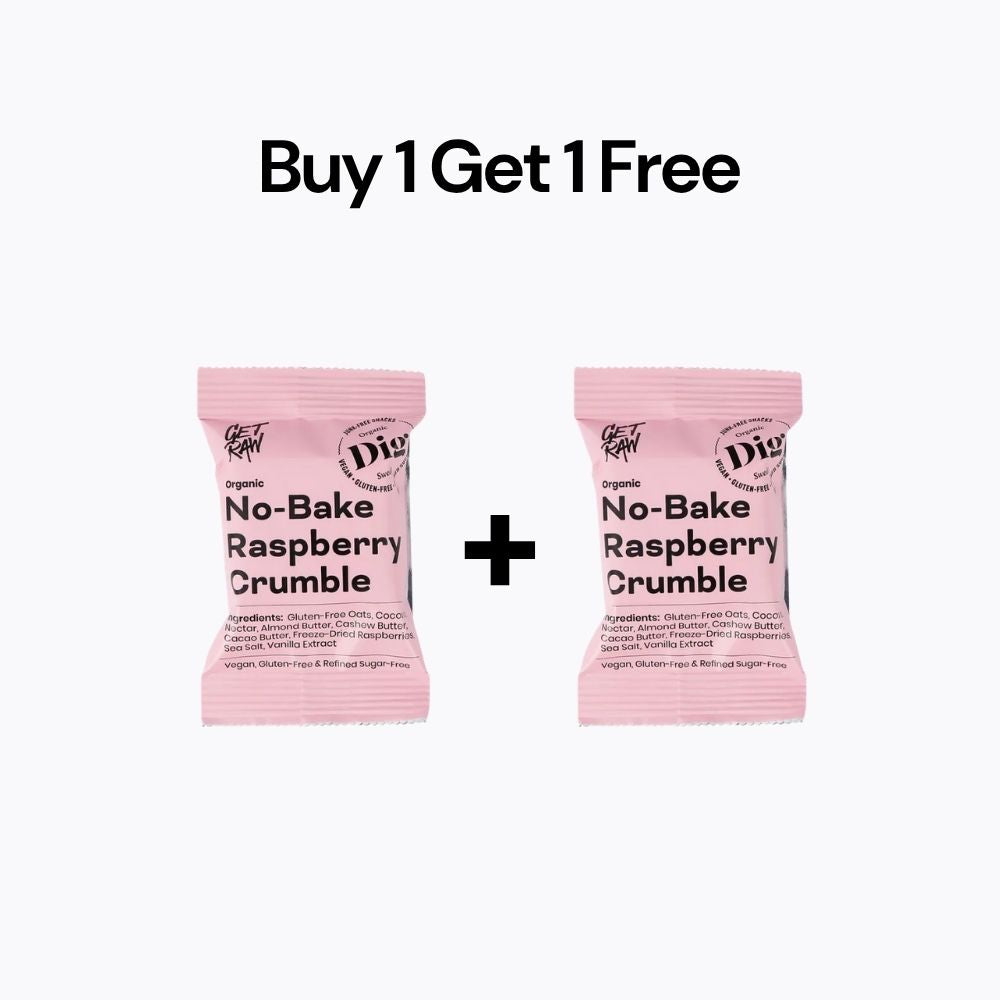 Two pink packages of 'No-Bake Raspberry Crumble' with a 'Buy 1 Get 1 Free' offer on a white background.