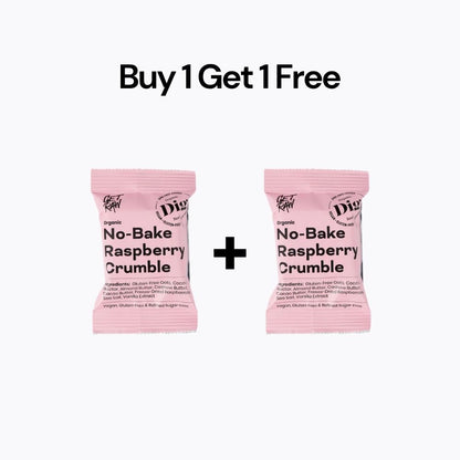 Two pink packages of 'No-Bake Raspberry Crumble' with a 'Buy 1 Get 1 Free' offer on a white background.