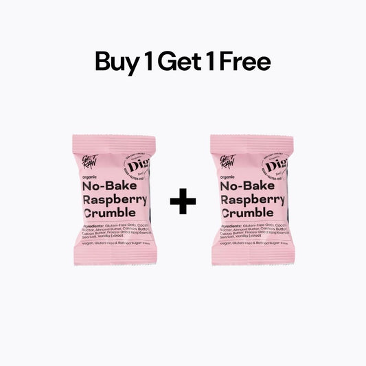 Two pink packages of 'No-Bake Raspberry Crumble' with a 'Buy 1 Get 1 Free' offer on a white background.