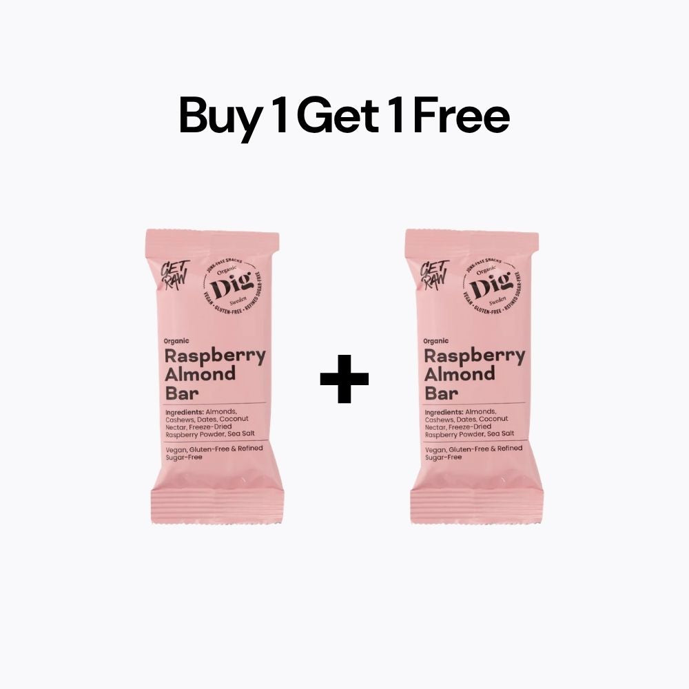Two raspberry almond bars with a 'Buy 1 Get 1 Free' offer on a white background.