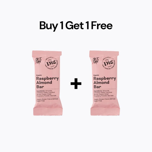 Two raspberry almond bars with a 'Buy 1 Get 1 Free' offer on a white background.