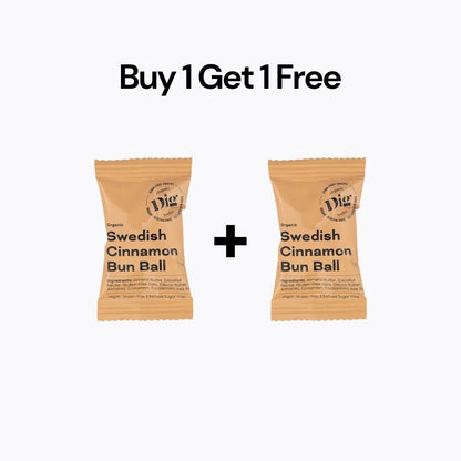 Two packages of Swedish Cinnamon Bun Ball with 'Buy 1 Get 1 Free' text on a white background.