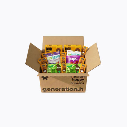 Cardboard box filled with health and wellness products from generation.h on a white background