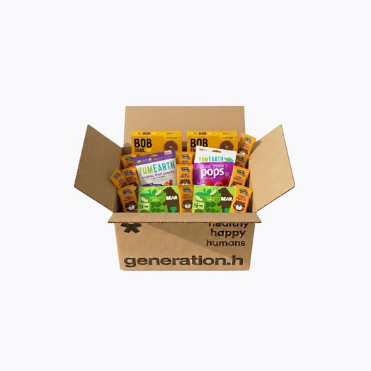 Cardboard box filled with health and wellness products from generation.h on a white background