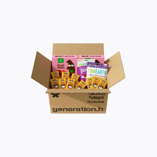 Open cardboard box containing health and wellness products with visible branding on a white background.