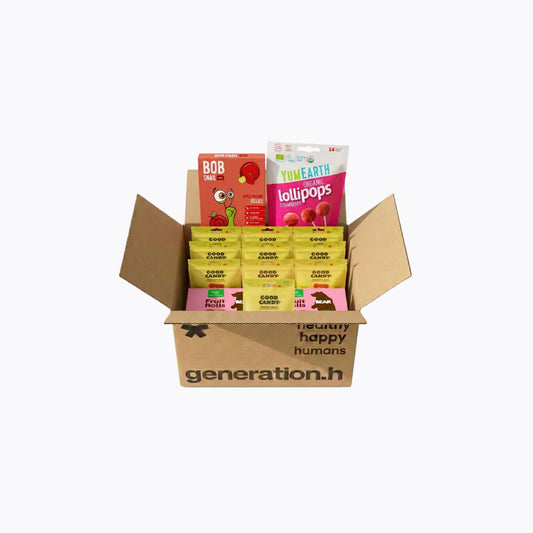Open cardboard box containing various snack packages with 'generation.h' branding on a white background.