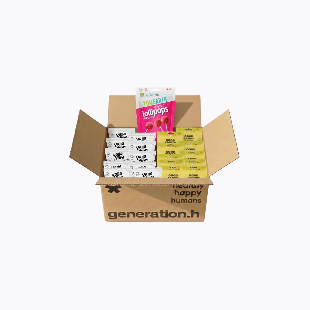 Open cardboard box containing various products with 'generation.h' branding on a white background.