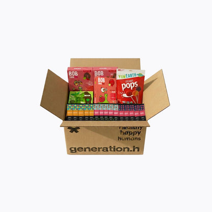 Open cardboard box containing boxes of 'Bob's Red Mill' and 'You Earth' products with 'generation.h' branding.