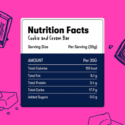 Nutrition facts label for a cookie and cream bar on a pink background