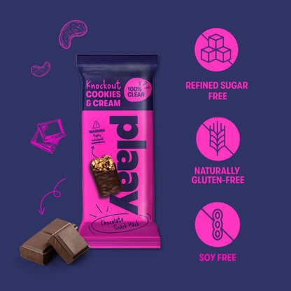 Pink chocolate bar packaging with 'Knockout Cookies & Cream' flavor on a purple background, featuring health benefits icons.