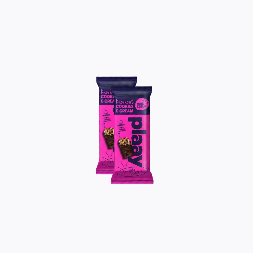 Two pink chocolate bars with 'plaay' branding on a white background