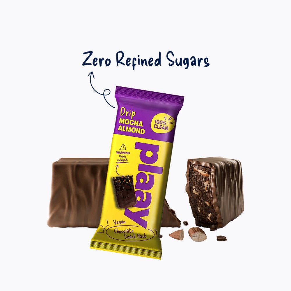 Chocolate snack bar with 'Drip Mocha Almond' flavor packaging on a white background, featuring the brand 'Play'.