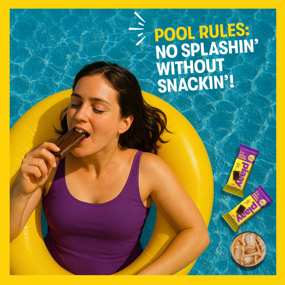 Woman on a yellow inflatable ring eating a snack with pool and candy graphics in the background.