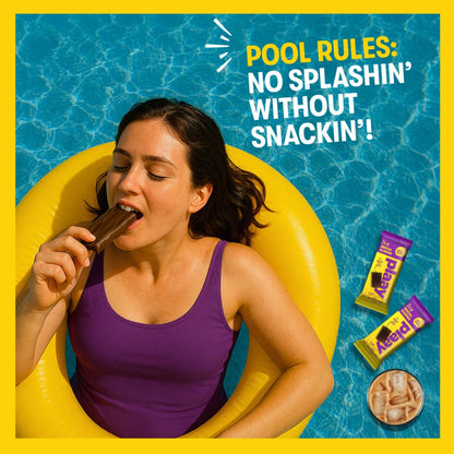 Woman on a yellow inflatable ring eating a snack with pool and candy graphics in the background.