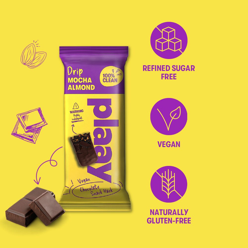Vegan chocolate snack bar packaging with certification icons on a yellow background