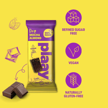 Vegan chocolate snack bar packaging with certification icons on a yellow background
