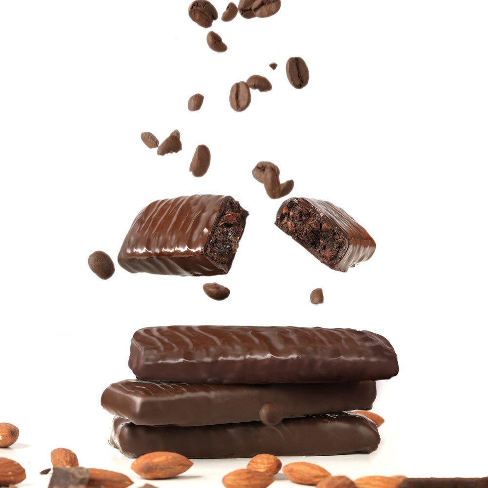 Chocolate bars with almonds on a white background