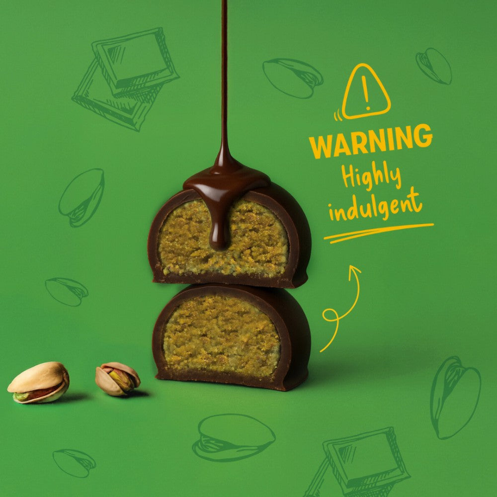 Chocolate-dipped treats with a 'warning: highly indulgent' text on a green background