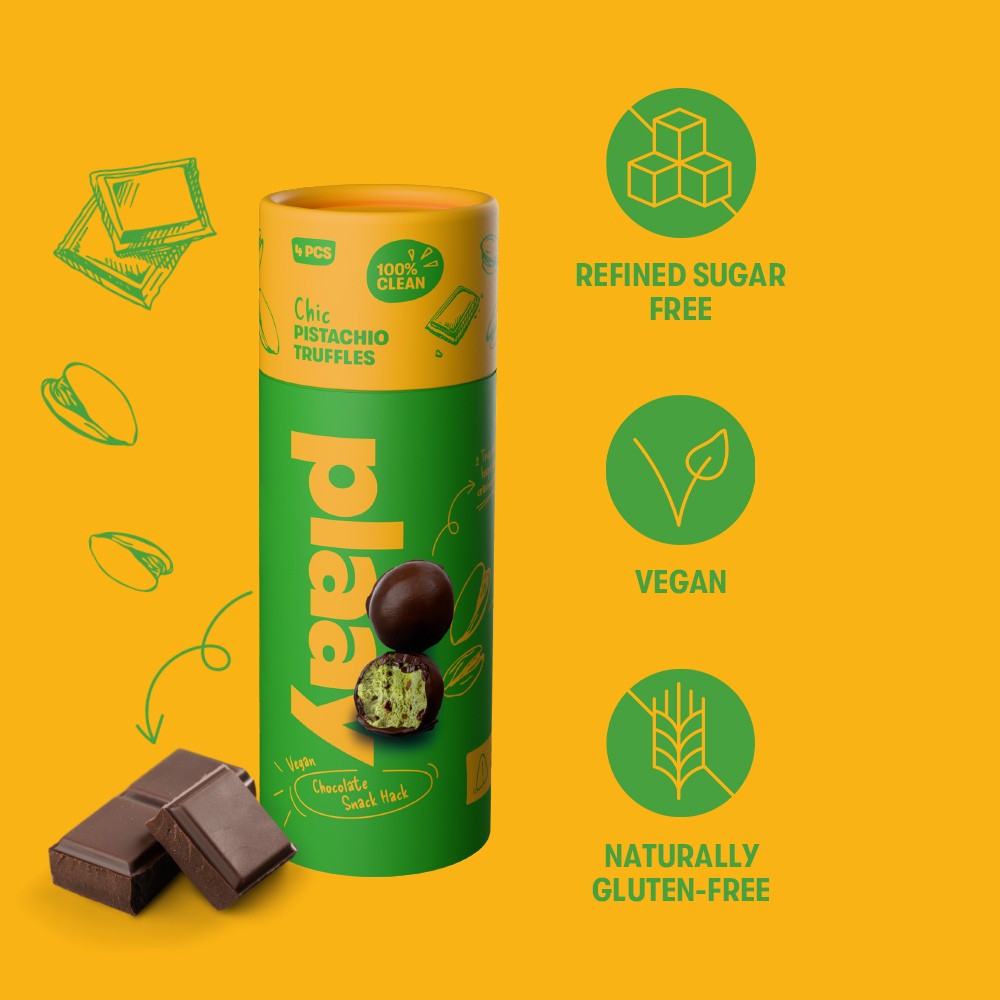 Green cylindrical container of plaa truffles on a yellow background with icons indicating 'Refined Sugar Free', 'Vegan', and 'Naturally Gluten-Free'.